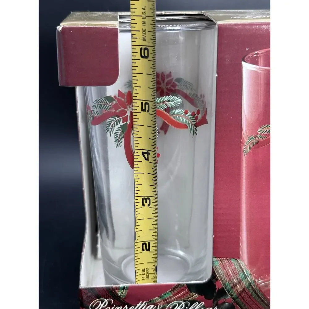 Vintage Libby Poinsettia Ribbons And Boughs Christmas Glasses - Set Of 4